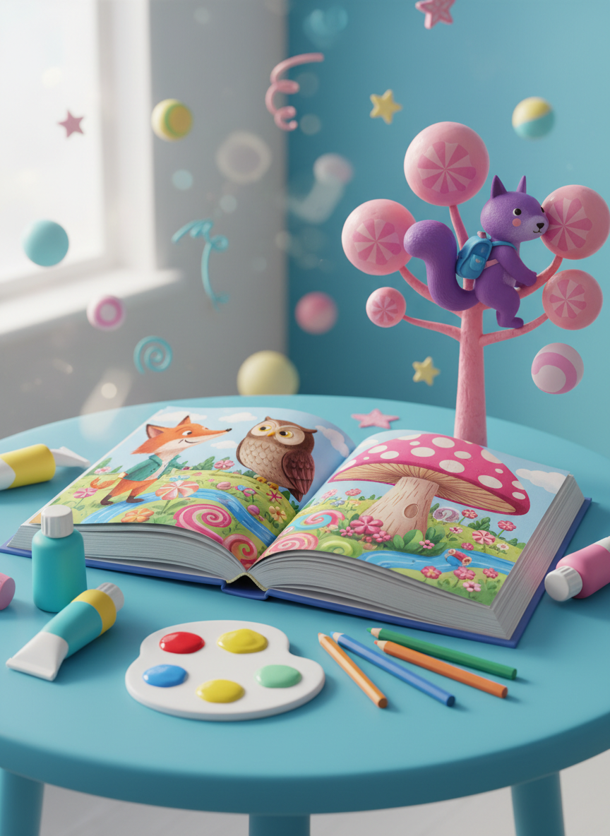 A vibrant hardcover children’s picture book lies open on a rounded, sky-blue tabletop, its pages filled edge-to-edge with playful digital-art illustrations of talking forest animals, oversized mushrooms, and candy-colored trees. Around the book, scattered colored pencils, paint tubes, and a chunky paint palette are rendered as soft, rounded shapes in bright primary and pastel hues. Soft, diffused daylight glows from an unseen window, creating gentle reflections on the glossy pages and casting pillowy shadows. The composition is a slightly elevated angle with a shallow depth of field, emphasizing the book’s detailed artwork while the background melts into a whimsical bokeh of floating stars and doodles. The mood is joyful, imaginative, and inviting, perfectly capturing the feel of a children’s illustration portfolio cover.