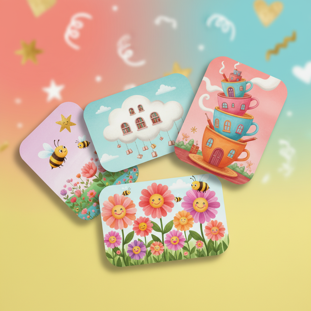 A stack of rounded-corner art prints fans out across a lemon-yellow surface, each print featuring a different whimsical digital-art scene: a city of stacked teacup houses, a cloud-shaped library floating in the sky, and a garden of gigantic smiling flowers. The prints overlap playfully, creating a dynamic, energetic layout with bright colors and soft, velvety textures. In the background, abstract shapes—stars, squiggles, and hearts—float in a softly blurred gradient from coral to turquoise. Soft studio lighting from above creates subtle highlights on the semi-gloss paper and adds depth with gentle, curved shadows beneath each print. The camera angle is a top-down bird’s eye view, emphasizing the variety of illustrations. The mood is lively and celebratory, showcasing the range of a children’s book illustrator’s portfolio in a single, engaging composition.