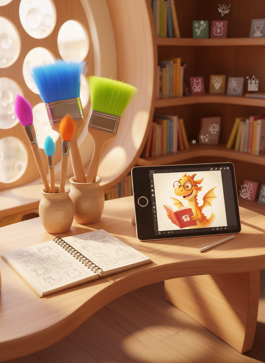A cozy, rounded wooden desk is covered in neatly arranged illustration tools: a tablet with a stylus showing a half-finished digital painting of a cheerful dragon reading a book, a sketchbook open to thumbnail storyboards, and jars of oversized, cartoonish paintbrushes with colorful bristles. The environment is a bright, playful studio corner with curvy bookshelves holding rows of children’s books, each spine decorated with tiny digital-art icons of animals and magical objects. Warm, indirect sunlight filters through a window with circular panes, creating soft highlights and bubbly shadows. The composition is framed using the rule of thirds from a gentle three-quarter angle, with sharp focus on the tablet and sketchbook. The mood is energetic, optimistic, and creative, emphasizing the process behind children’s book illustration.