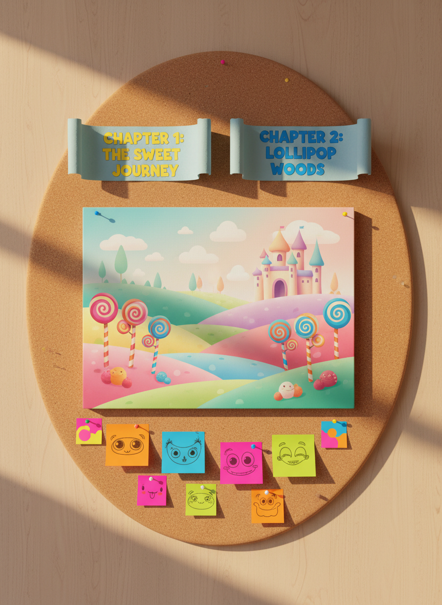 A whimsical digital-art landscape stretches across a canvas pinned to a rounded corkboard: rolling hills in candy pastels, a lollipop forest with spiraling trunks, and a friendly castle with soft, puff-like towers. Beneath the canvas, sticky notes in bright colors show miniature doodles of alternative character designs and playful color swatches. The setting is a tidy, imaginative workspace wall, with curling paper banners that read chapter titles in bold, childlike lettering. Gentle, golden-hour light from the side bathes the scene, casting long, soft-edged shadows and bringing out the saturated hues. The composition is front-facing and centered, with slight vignetting around the edges to focus attention on the main illustration. The atmosphere feels playful, exploratory, and story-driven, like stepping into the planning board for a vibrant children’s picture book world.